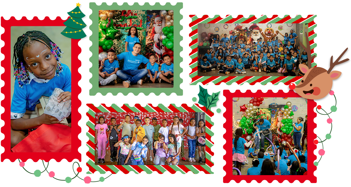 3 fotografías del evento Juntos a jugar en navidad con asesores-e: Niños recibiendo regalos, niños y animadores jugando, niños felices